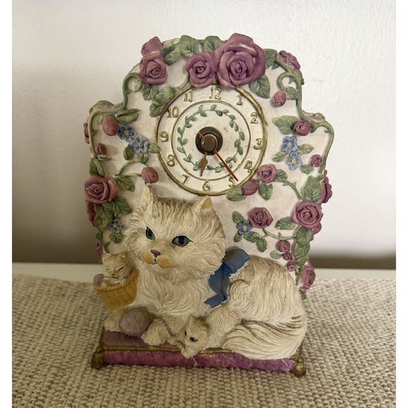 Clock Other - Vintage Floral Cat Table Clock, Resin Persian Kitty Decor, Tested & Working